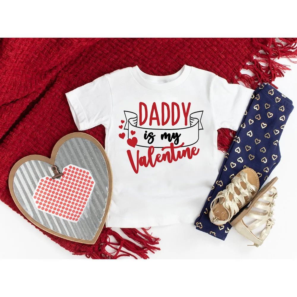 

Daddy Is My Valentine Print Short Sleeve T-shirt Toddler Girls Graphic Tees Tops Summer Clothes Valentine's Day Gift for Kids