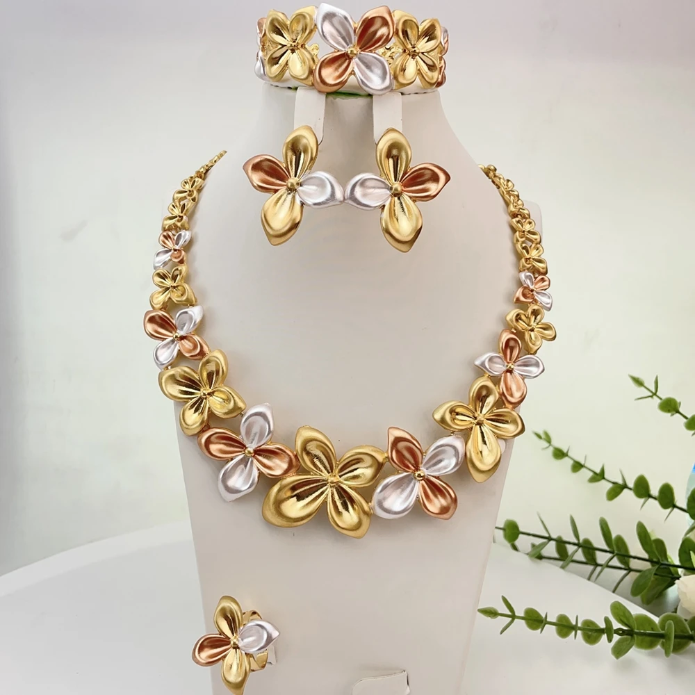 Fashion Trendy Women Jewelry Set Simple Style Gold Color Necklace Earrings Bracelet Sets Girls Birthday Gifts FHK29629