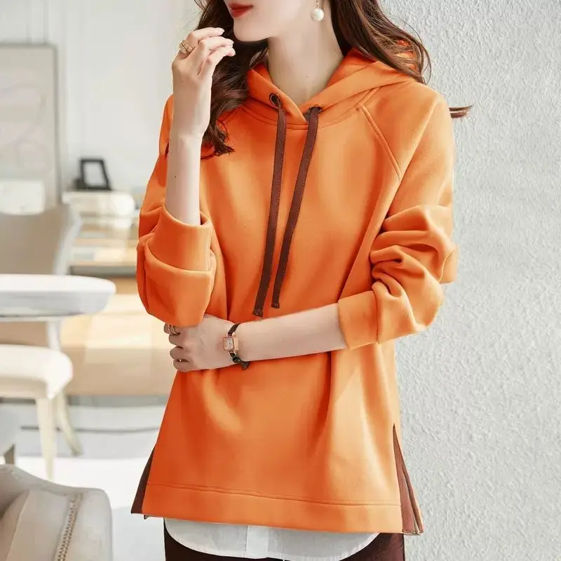 2023 New Spring and Autumn Fashion Trend Minimalist Casual Loose Oversize Long Sleeved Hem Split Hooded Tie Up Sweater for Women