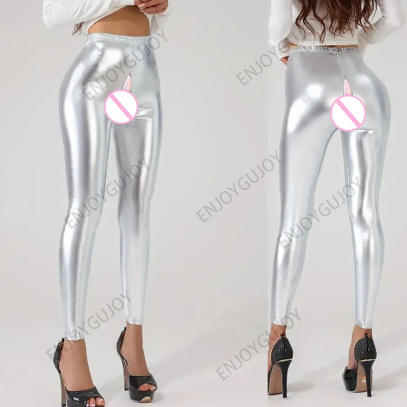 Women's PU Faux Leather Leggings, Sexy Yoga Leggings, Invisible Open Crotch, Zip Pants, Night Club, Outdoor Sex Trousers, Push U