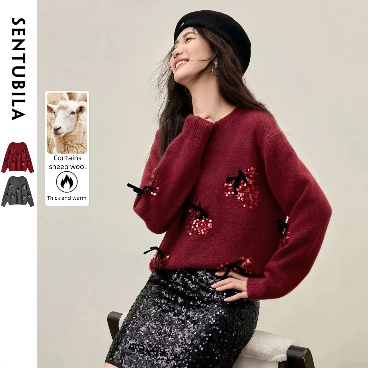 

Женские свитера SENTUBILA с пайетками, зимняя коллекция 2026, вязаные свободные топы с длинным рукавом, пуловеры с пайетками W54EE3879