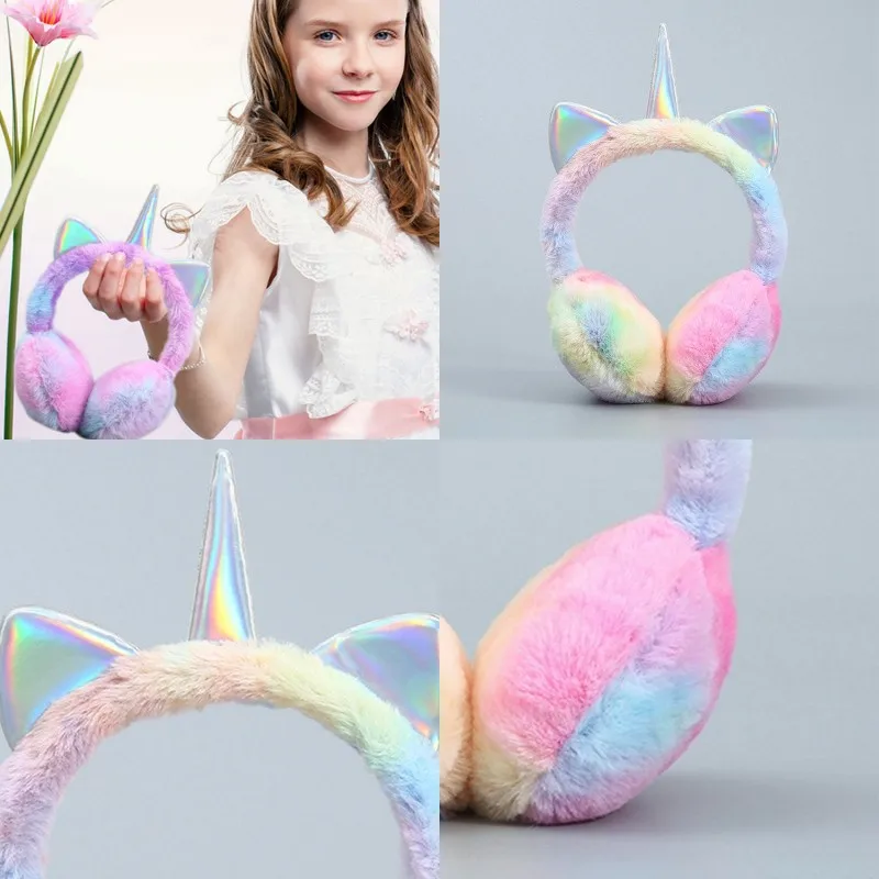 Outdoor Winter WarmeChildren Kids Unicorn Earflap Soft Plush Fluffy Earmuffs Cartoon Cat Ears Cycling Headwear Girl Ears Cover