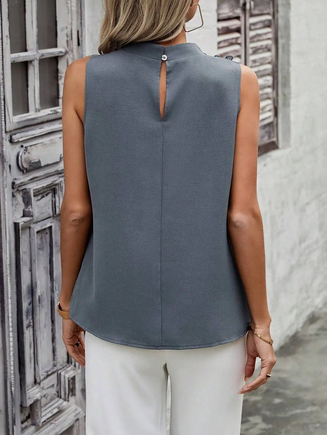 

Блузка без рукавов с воротником-стойкой для женщин, однотонная, элегантная, офисный стиль