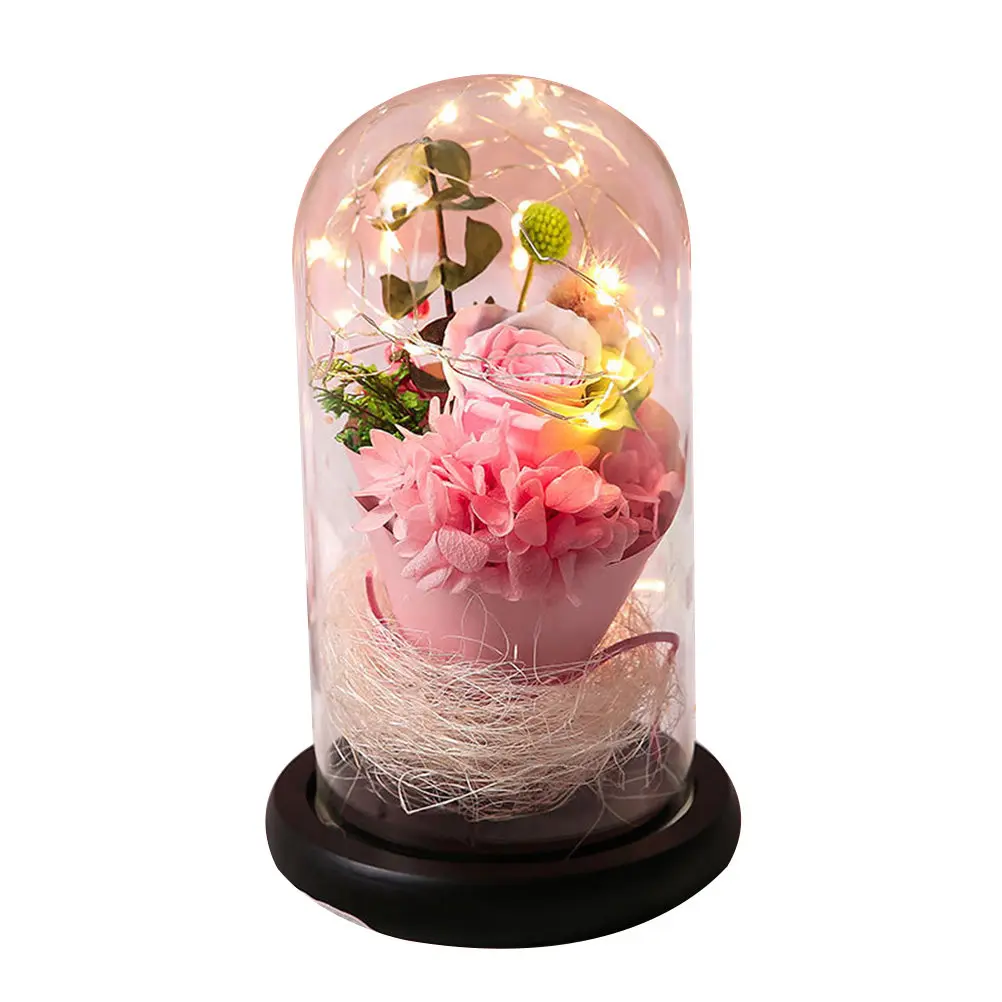 

Креативный светильник с искусственными цветами и светящимся куполом в виде розы, деревянная подставка, ночник для романтической спальни, гостиной, праздников