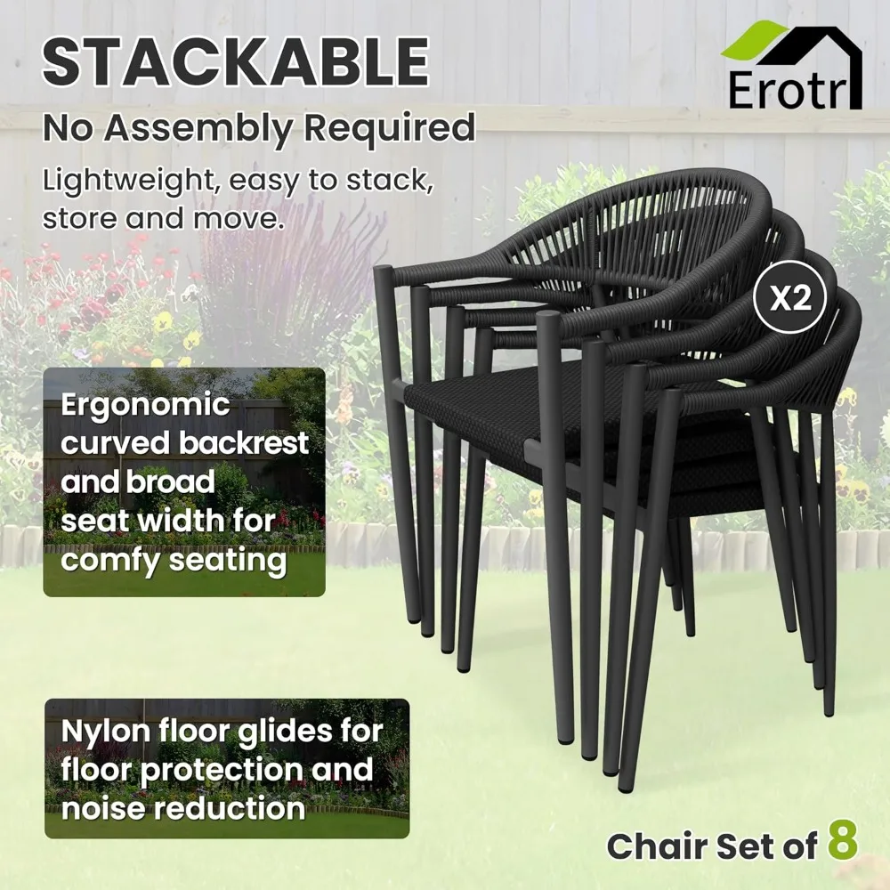 8 Pcs Stackable Dining Chairs, Aluminum Rattan Outdoor Dining Chair with Arms, Woven Rope Patio Armchair Metal No Assembly