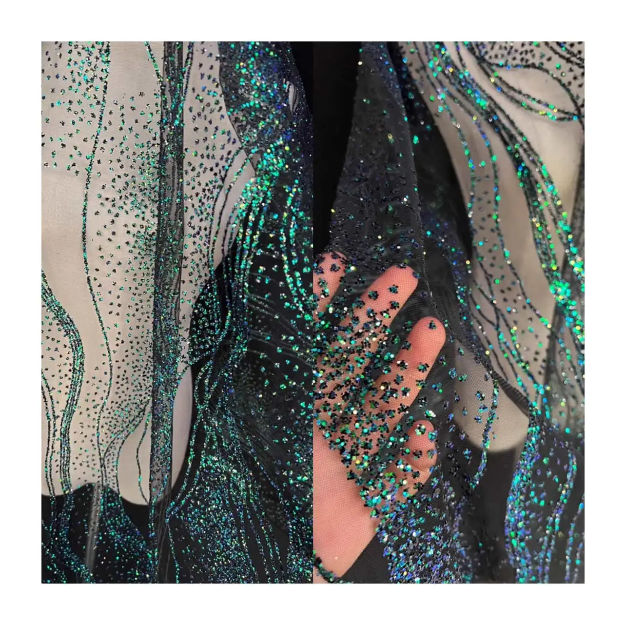 New dark green wave sequin yarn, hot stamping glitter performance dress, decorative fabric