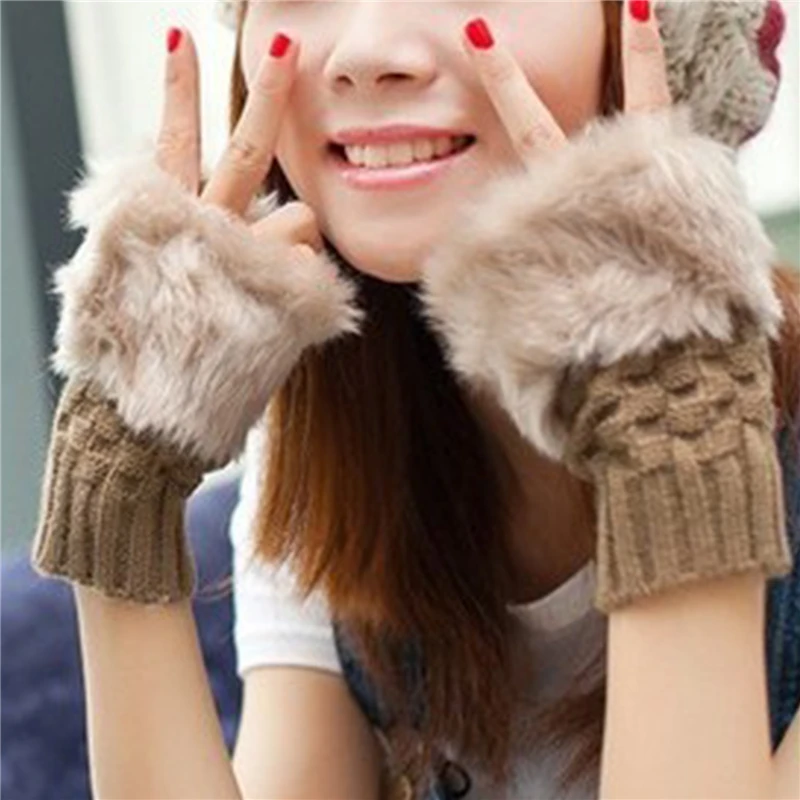 Guantes de invierno para mujer, manopla corta de moda cálida de calidad tejida de felpa dulce, guantes de medio dedo sin dedos para mujer