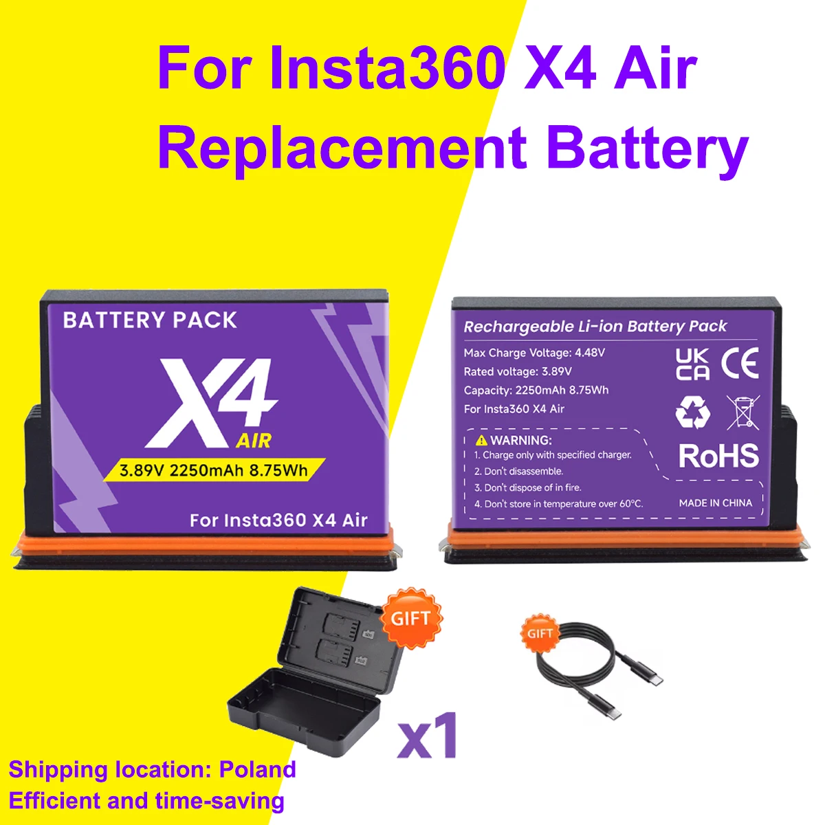 Für Insta360 X4 Air: Schnellladebox + 2250-mAh-Akku für Insta 360 X4 Air, Zubehör für Action-Kameras.