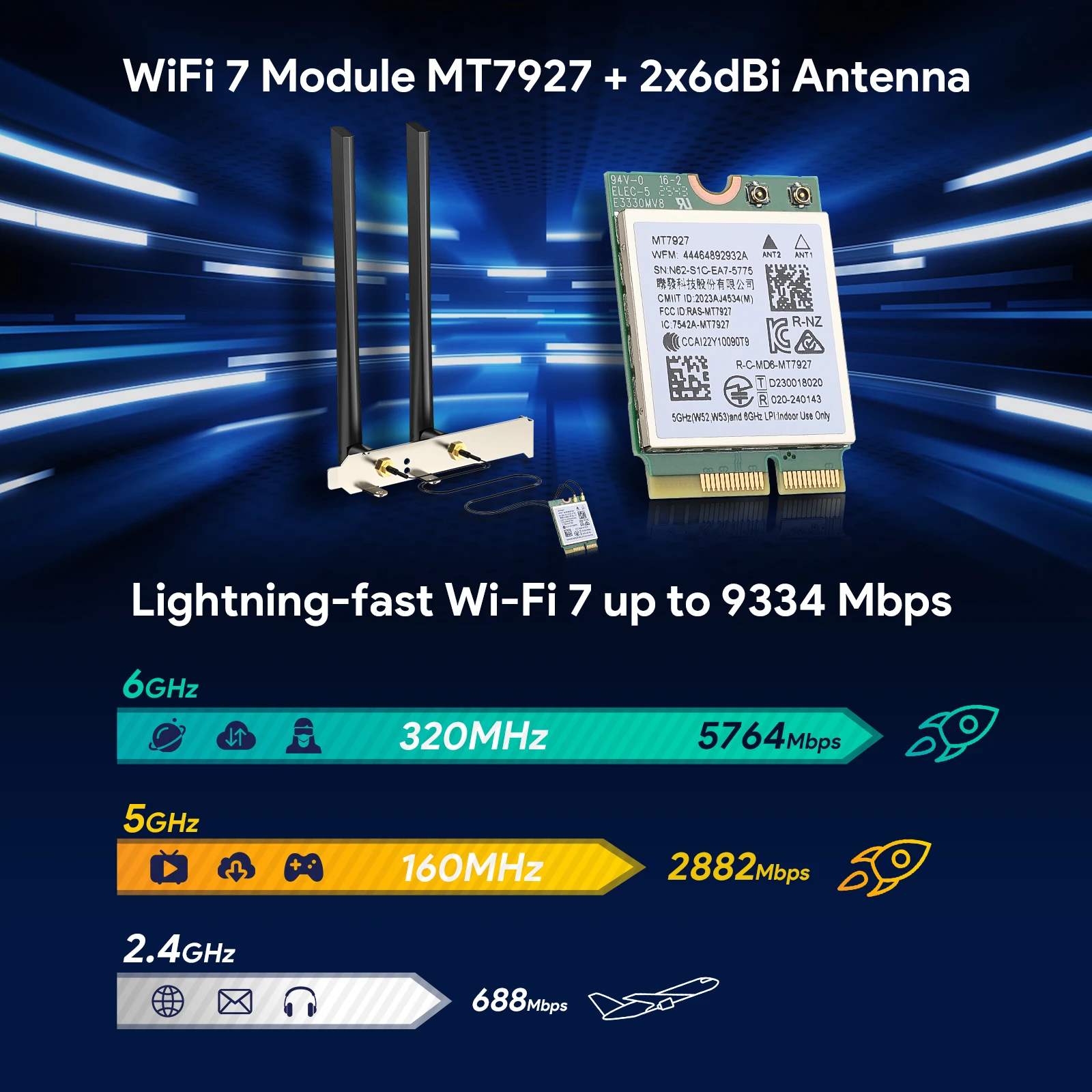 EDUP MT7927 Pro WiFi 7 PCIe Adapter Tri Band 2 4G 5G 6GHz Up to 9334Mbps MLO 6dBi Antennas BT5 4 WPA3 for Linux Win11 Desktop PC