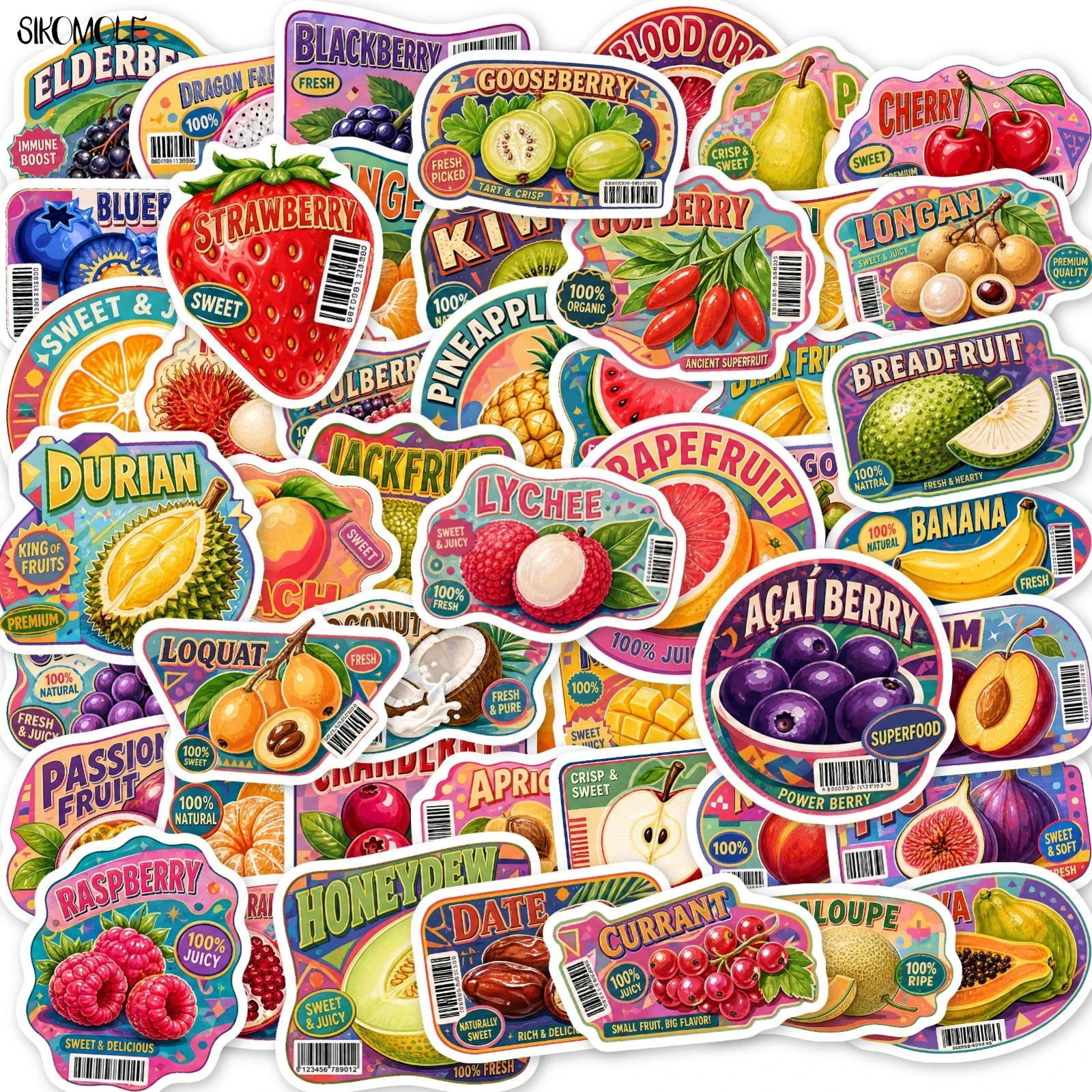10/30/50PCS Vintage Tropical Fresh Fruit Label Stickers DIY Decor Water Bottle Phone Laptop Luggage Craft Gifts Graffiti Sticker