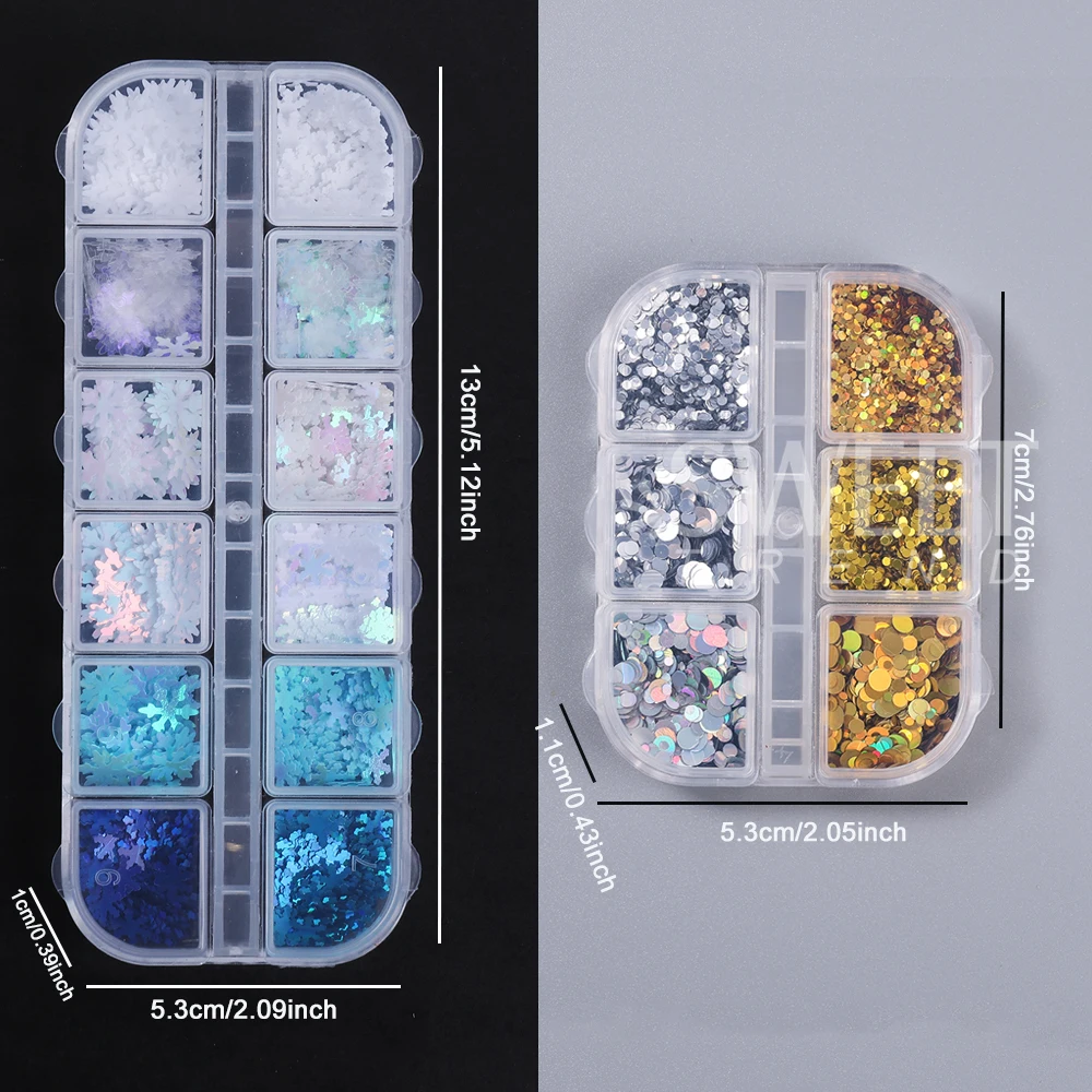 2 صناديق ندفة الثلج مسمار بريق الترتر المجسم الذهب الفضة Paillette رقائق مستديرة البولكا نقطة تصميم عيد الميلاد مانيكير ديكور