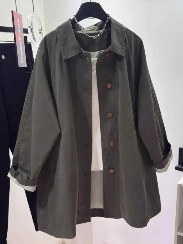 

Loose ey Windbreaker Jaet Men's Women's Medium Length Spring Autumn Korean Sle Button Decoration Anti-UV Long Sve irt