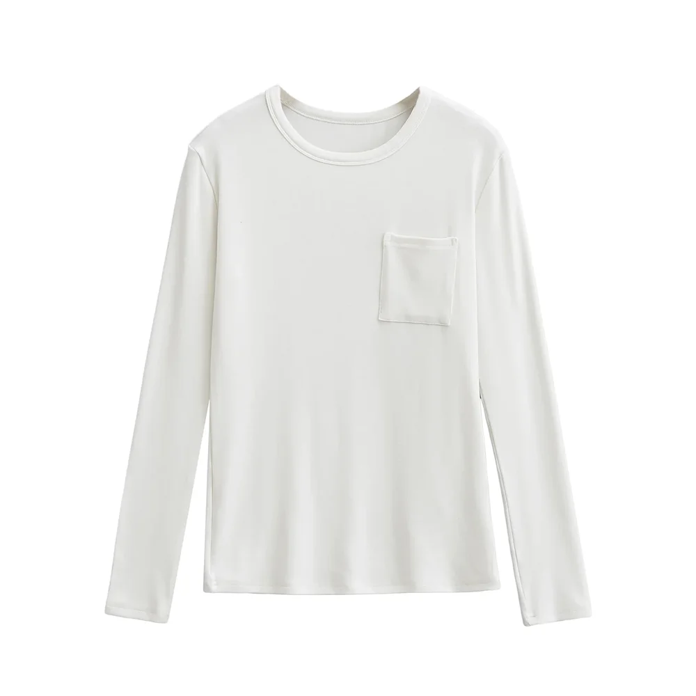 T-shirt à manches longues pour femmes, Design classique à col rond avec une poche pratique sur la poitrine, pour un usage quotidien, y2k, 2025