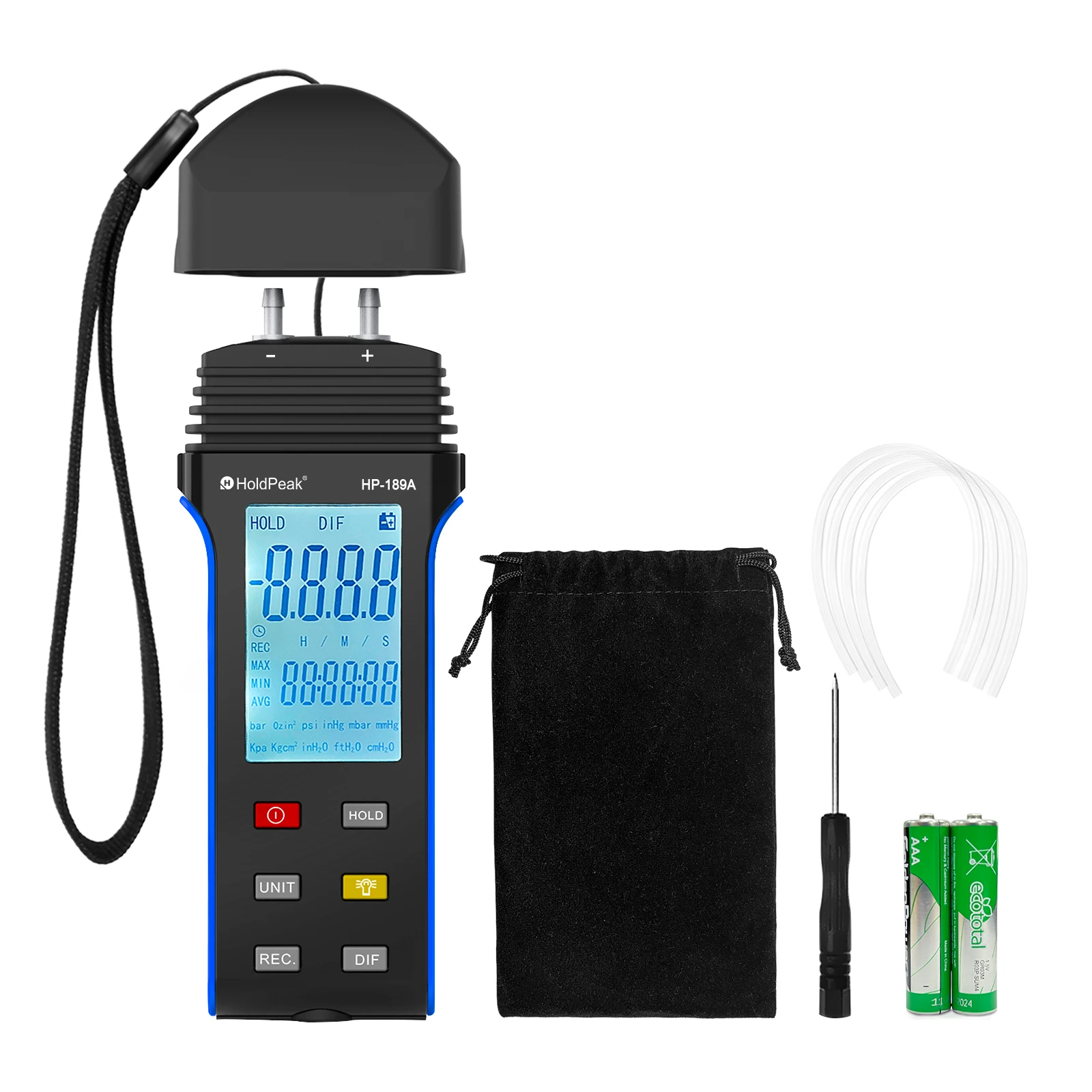 HoldPeak HP-189A Digital Manometer Multi-functional Pressure Gauge Multi-Gas System / Clear Readings / Switchable Units