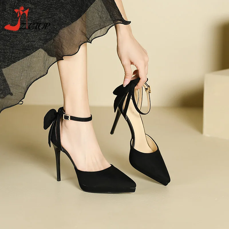 

Black High Heels Bow Women Pumps Ankle Strap Sexy Pointed Toe Stilettos Sandals Summer Suede Ladies Party Prom Shoes Brown