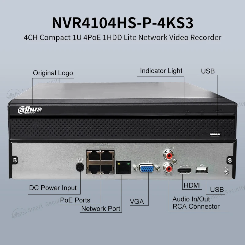 Imagem -02 - Dahua-nvr Rede ip Câmera Sistema 1hdd Lite Gravador de Vídeo Poe Preto Canais 4k Canais Etpz Smd Nvr4104hs-p4ks3 Nvr4108hs8p-4ks3