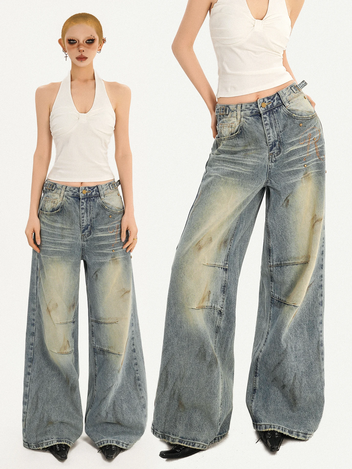 

Waed Casual High Waist Wide Leg Jeans Women's Straight Cut Trousers Spring Faion Lazy Sle Vintage Dirtied Denim Pants