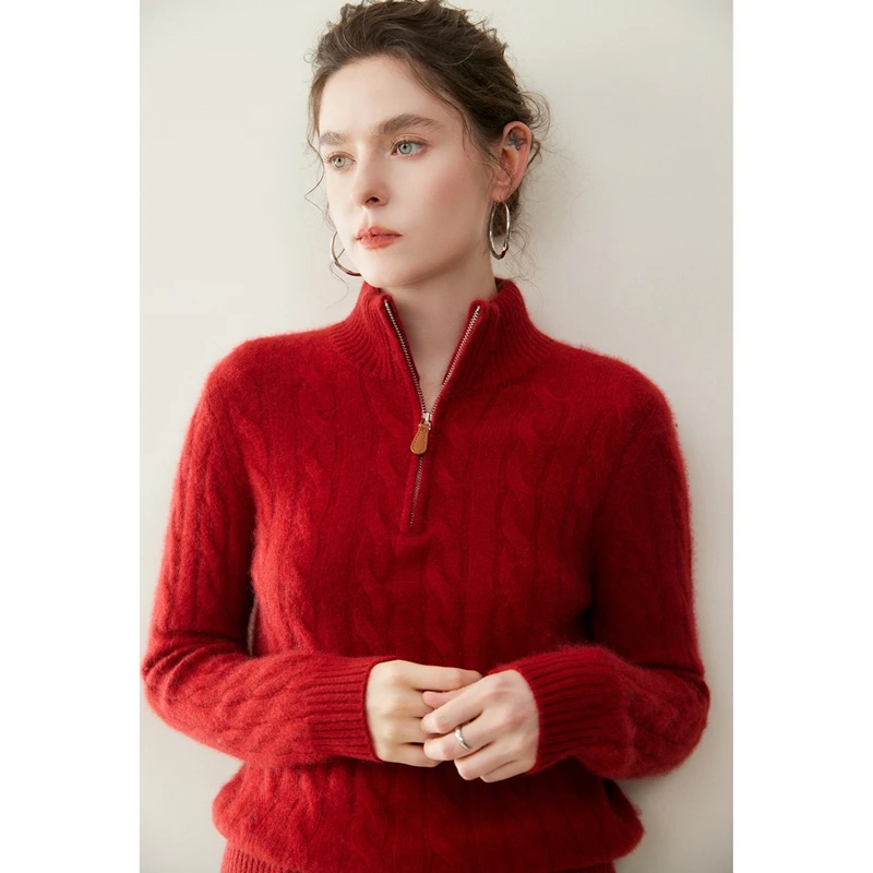 Women 100% Cashmere Sweater Autumn Winter Mock neck Pullover Half Zipper Cable Knitting Casual Luxury Cashmere Knitwear Tops