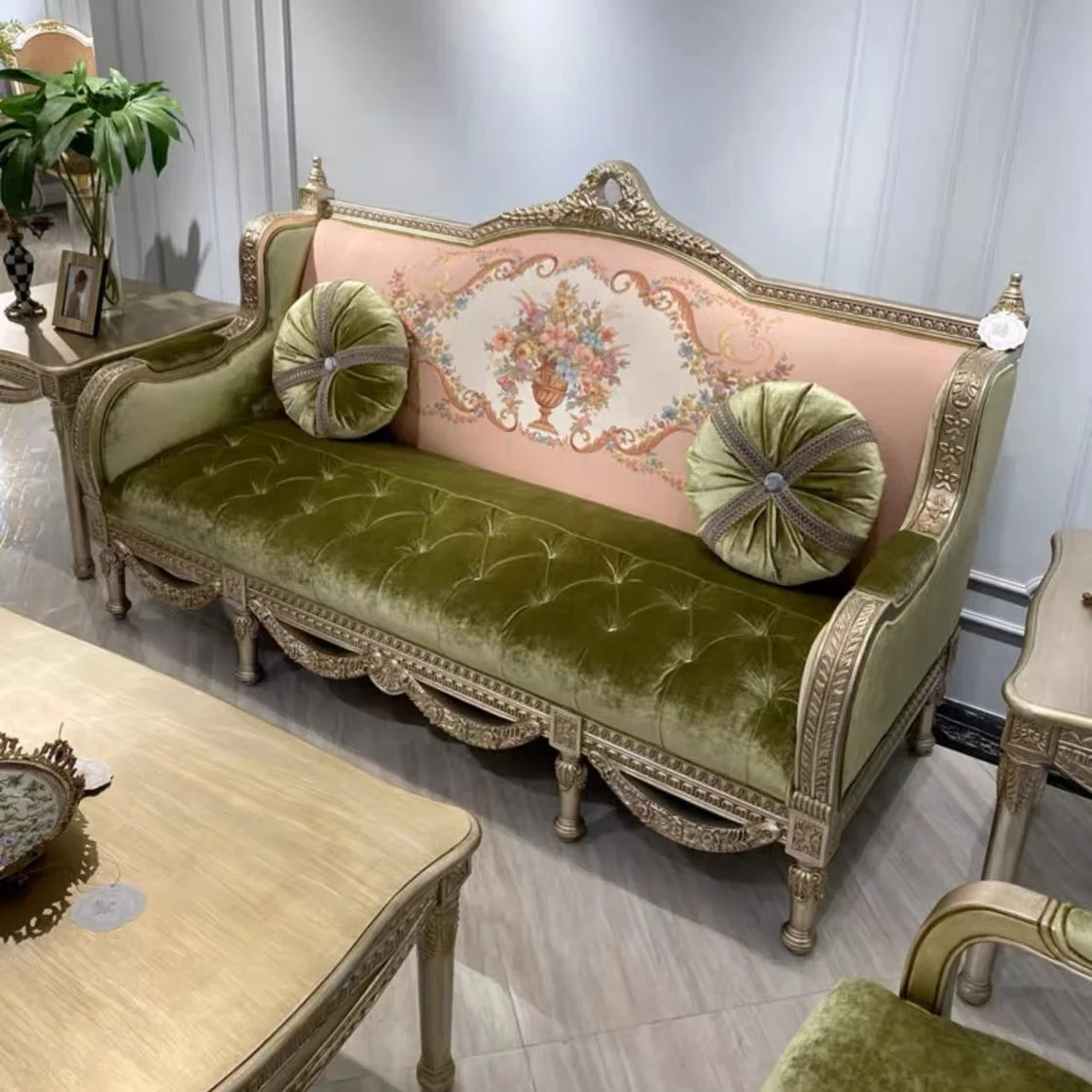 #French Rococo Sofa OliveGreen Velvet Floral Embroidery Ornate GoldCarved Frame Button Tufted Seat Classic Living Room Furniture