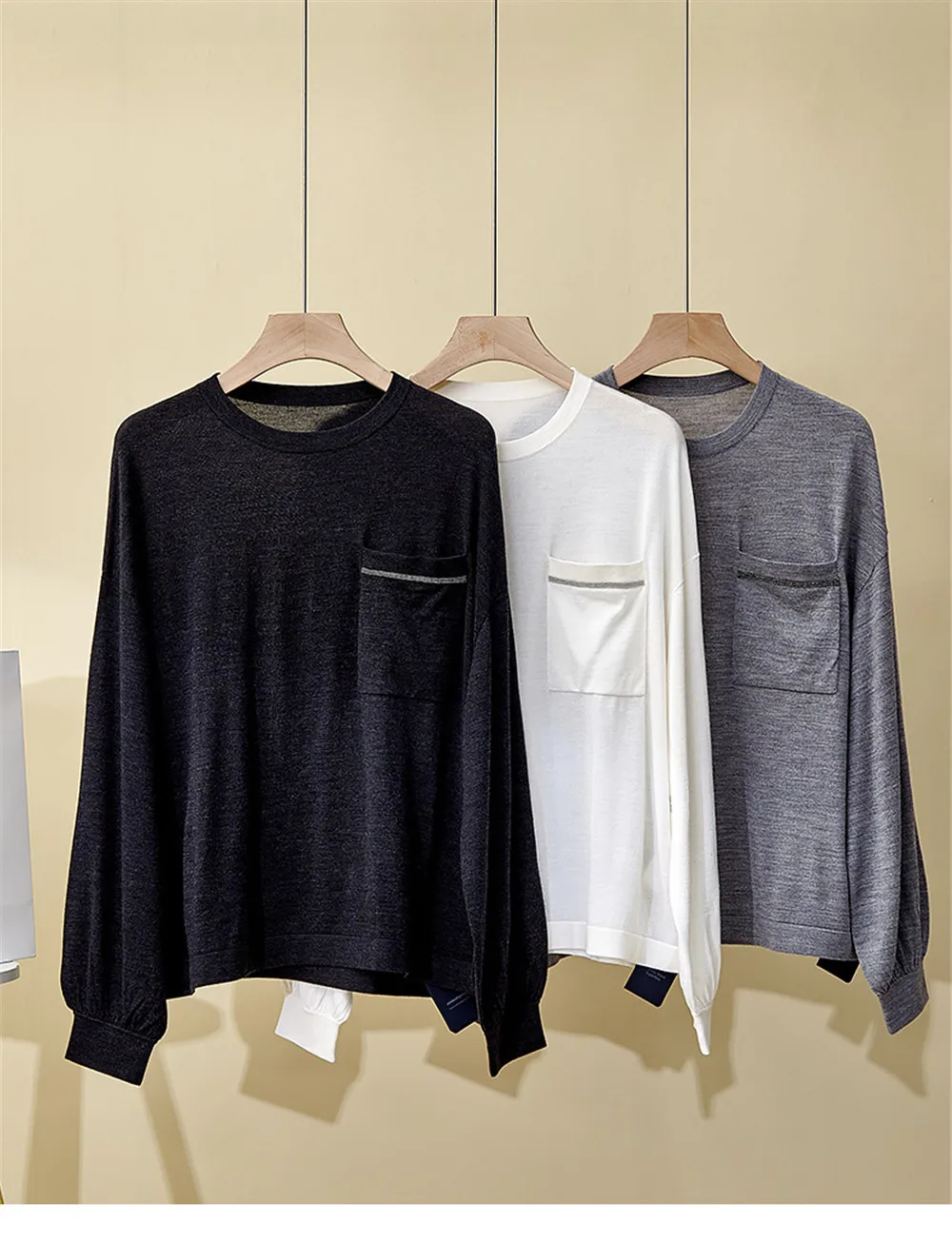 

Spring And Summer New Silk Wool Round Neck Long Sleeved Chain Women's KnittedTop