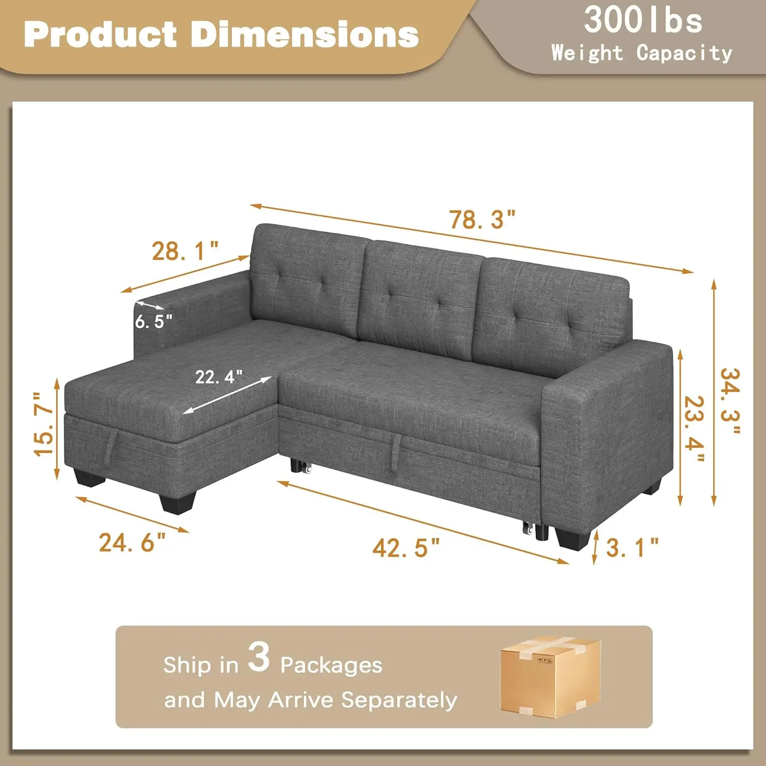 Furmax Sleeper Sofa, Sofa Bed L Shaped Sectional Couch With Reversible Storage Chaise Lounge, Modern Fabric Pull Out Couch &