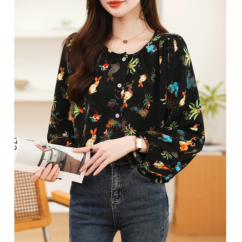 Spring Summer Elegant Chic Lantern Sleeve Chiffon Shirt Women Fashion All-match O-neck Print Blouse Office Lady Casual Loose Top