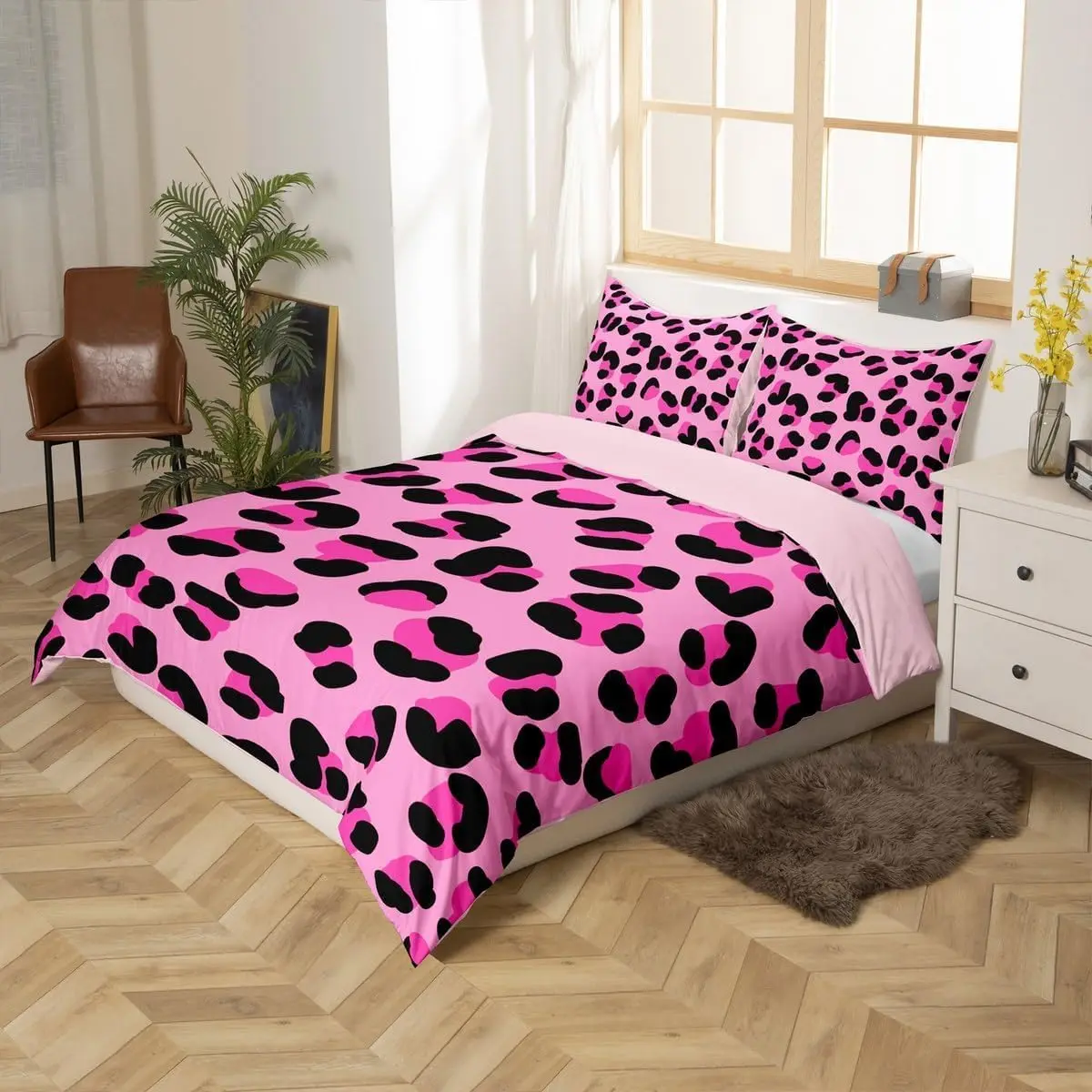 Pink Black Leopard Print Bedding Set Single Size Cheetah Animal Theme Duvet Cover With 1 Pillowcase For Kids Teens 3