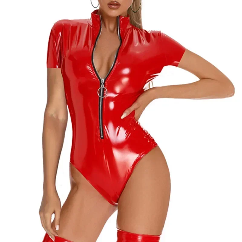 

Women Sexy Zipper Shiny Leather Sheath Bodysuit Hot Porn Open Breast Exposing Wetlook Shaping Latex Leotard Sexi Black Red