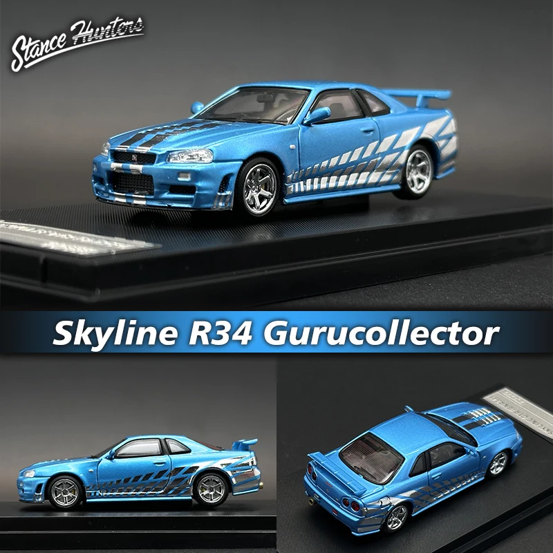 

SH In Stock 1:64 Skyline GTR R34 Gurucollector Electroplated Blue Diecast Diorama Car Model Collection Miniature Stance Hunters