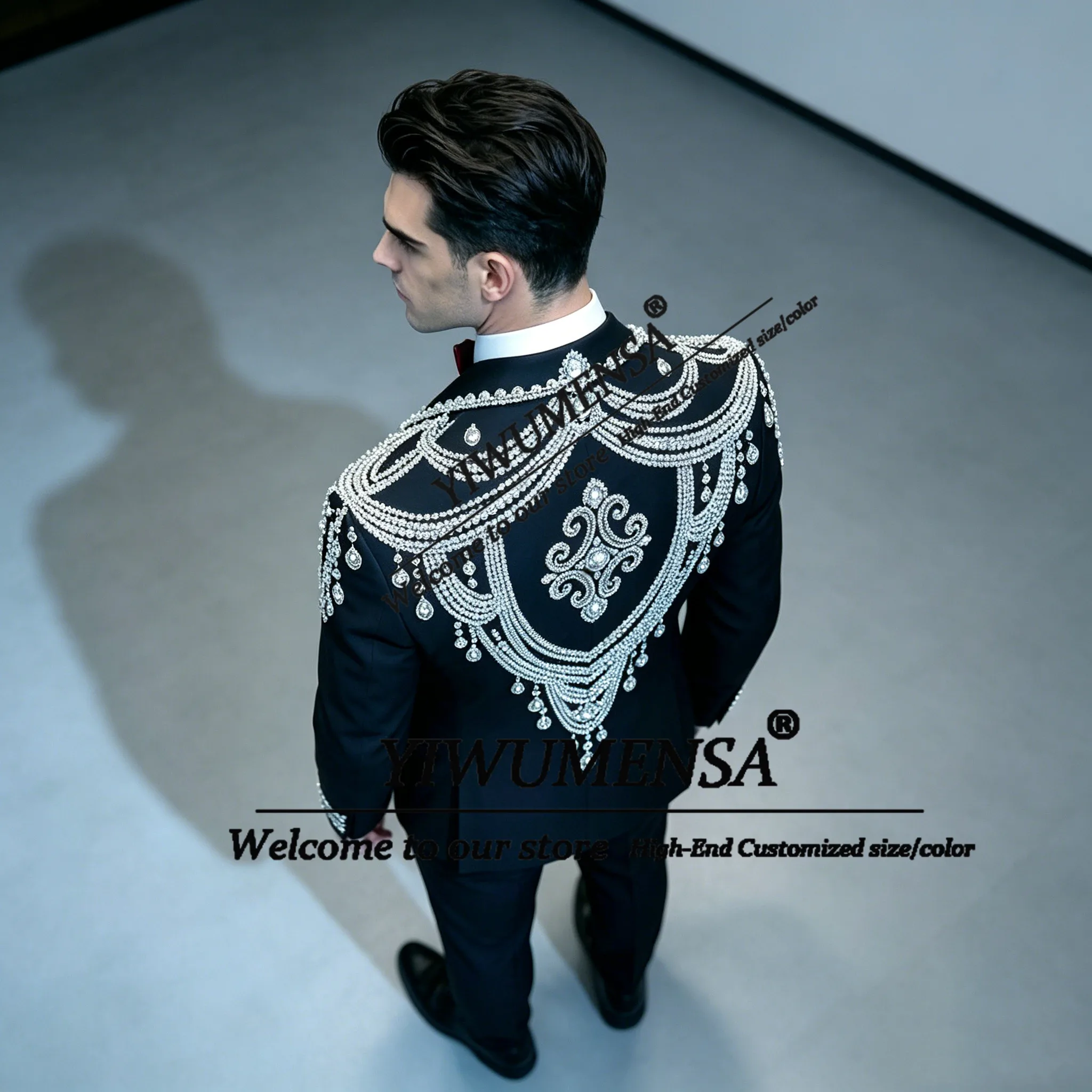 

Male Fashion Diamond Beaded Suit Man Slim Fit Single Breasted Prom Blazer Customized 2 Pieces Groom Tuxedos Trajes Para Hombre