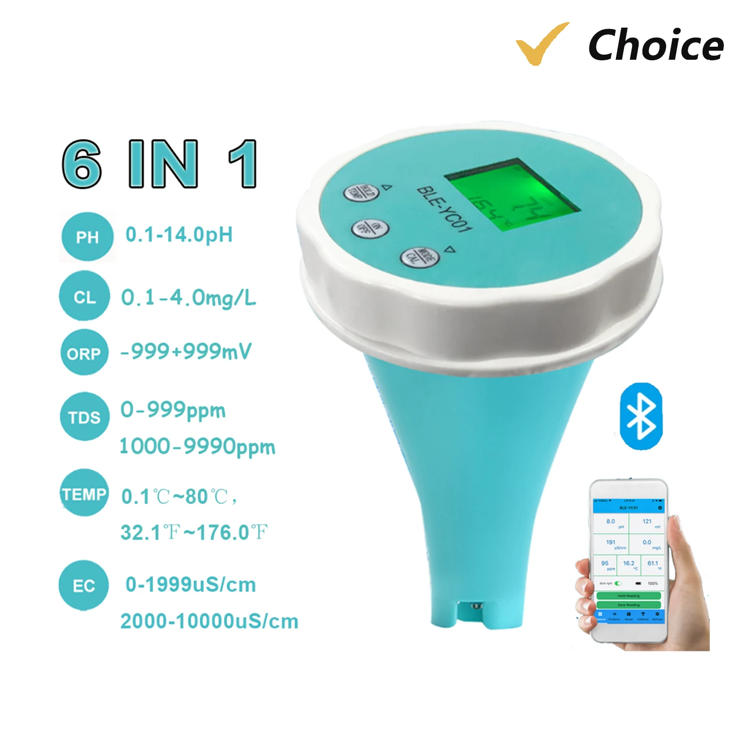 Portable Water Quality 6 In 1 PH EC Total Dissolved Temperature Multi-function Tester with Backlight Display IP67 Waterproof