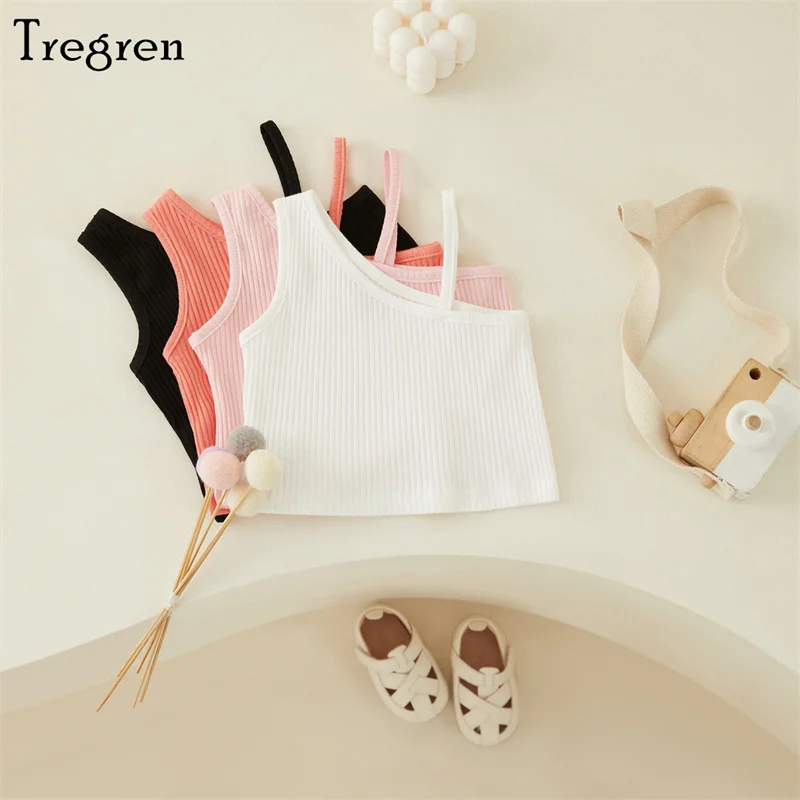 

Tregren 2-8 Years Summer Little Girls Vest Toddlers Sweet Style Solid Color Sloping Shoulder Sleeveless Casual Short Tops