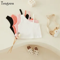 Tregren 2-8 Years Summer Little Girls Vest Toddlers Sweet Style Solid Color Sloping Shoulder Sleeveless Casual Short Tops