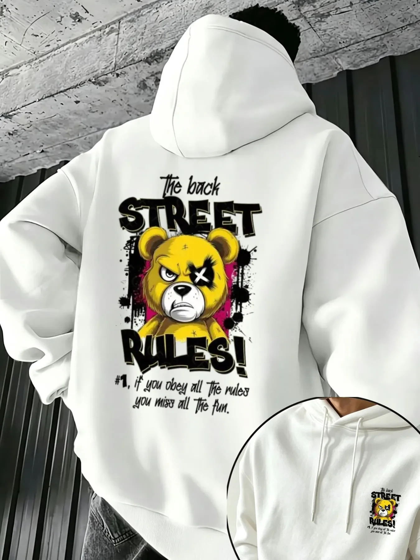 Angry Yellow Bear Eye Patch Graffiti Graphic Hoodie for Men Long Sleeve Loose Pullover Hooded Sweatshirt Hip Hop Tops