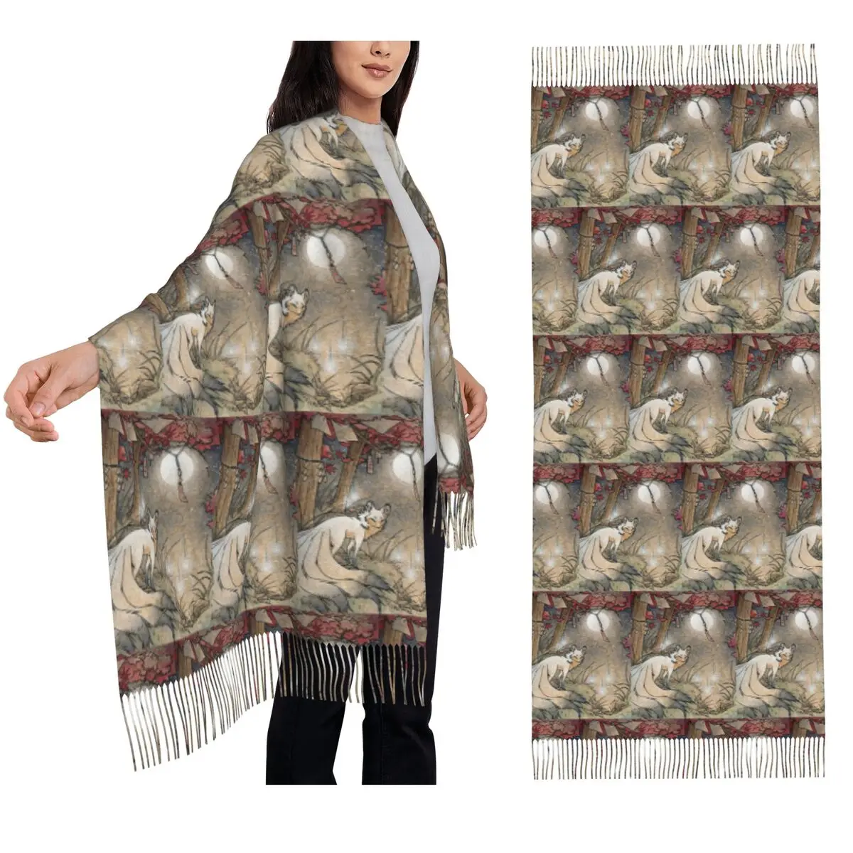 

Fox And Wisps Under The Moon And Maple Leaves Шарф Шарфы с кисточками для женщин Мягкие шали и накидки Большая осенне-зимняя шаль