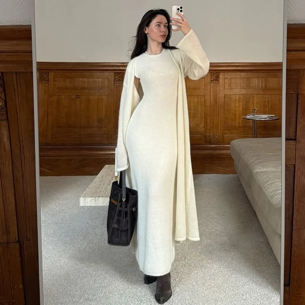 

BWQ Knit Dress 2-Piece Set Autumn Solid Loose Cardigan Casual Skirts Set Knit Patchwork Basic Office Women Knit Dress Set