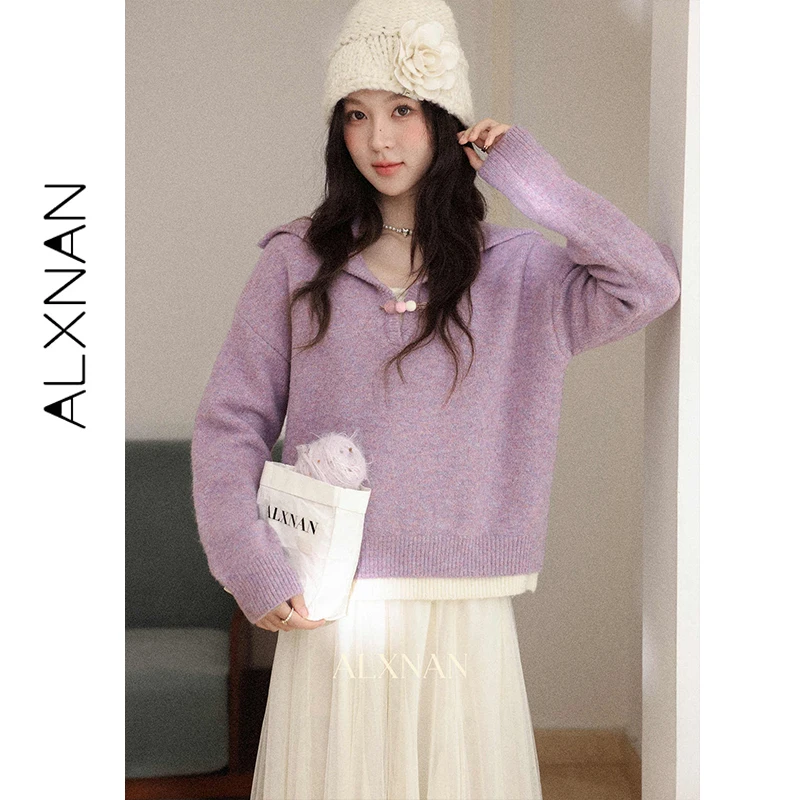 

ALXNAN Women's Purple Pullover Winter Loose-fit Warm Casual Fake Two Piece Sweater 2025 Elegant Fashion Wool Knitted Tops L60131