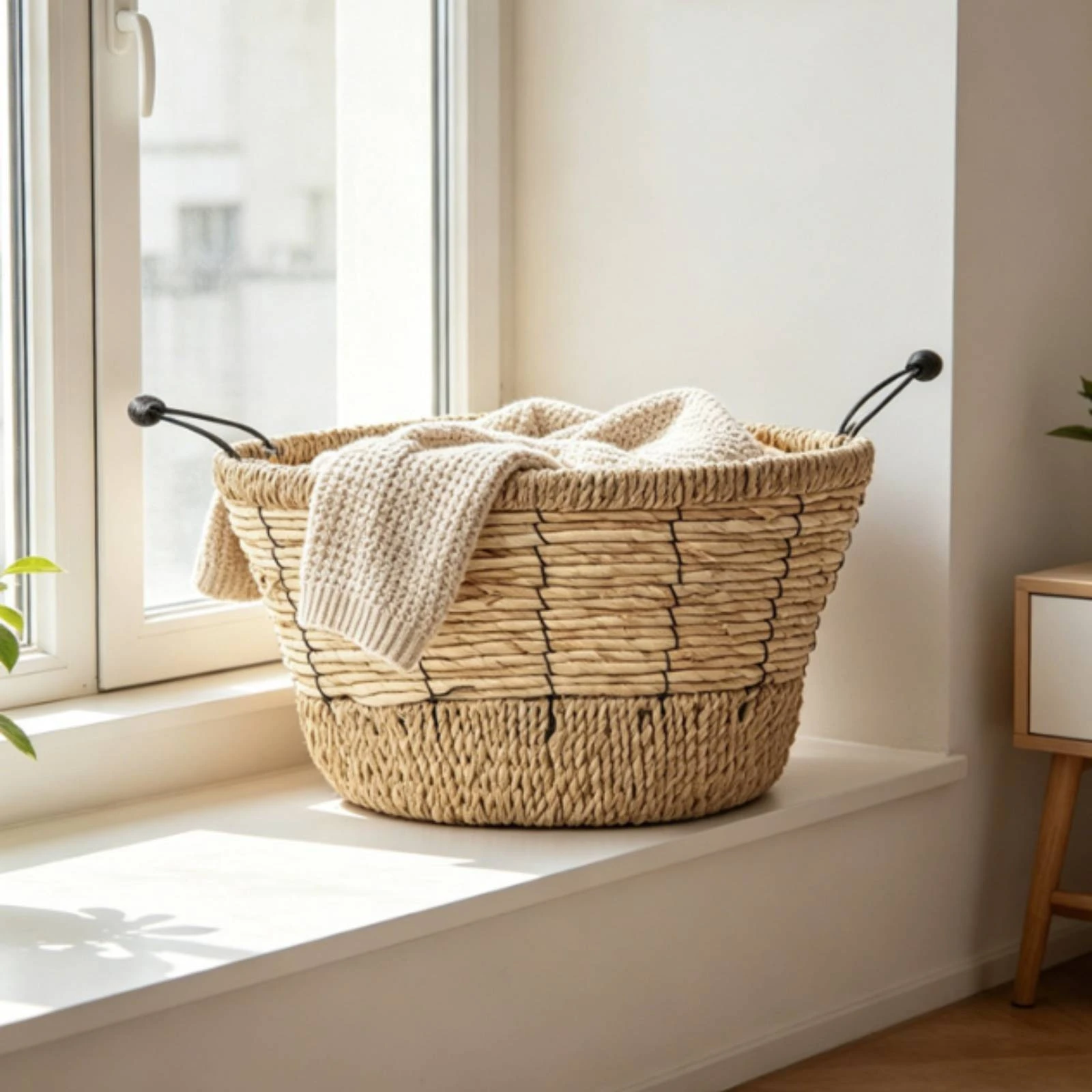 

Oval Storage Basket Handwoven Woven Basket Home Organizer Natural Fiber Iron Handles