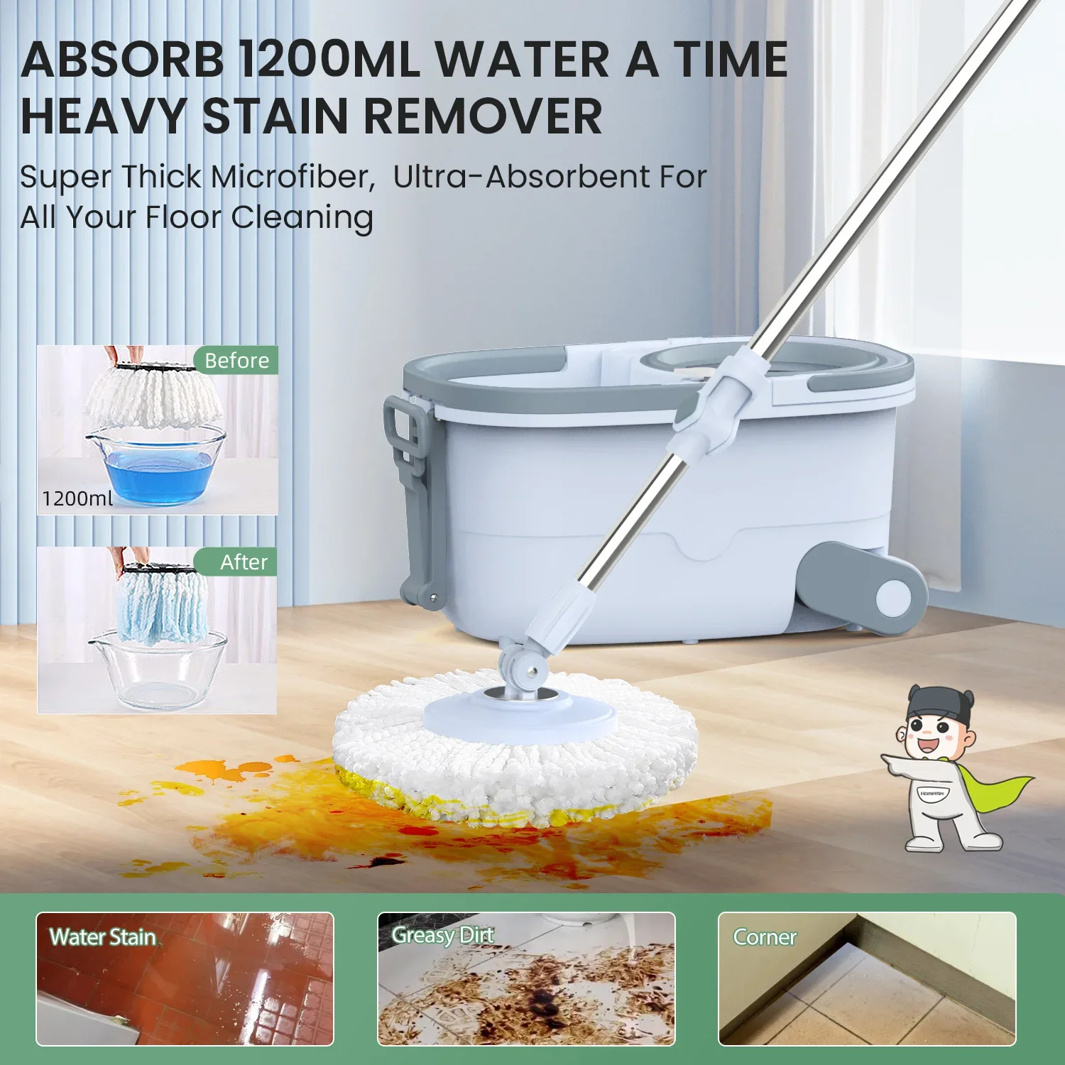 Hands-Free Self-Wringing Spin Mop: Automatic Wash & Dual Drive for Effortless Floor Cleaning - Perfect for Lazy Cleaning