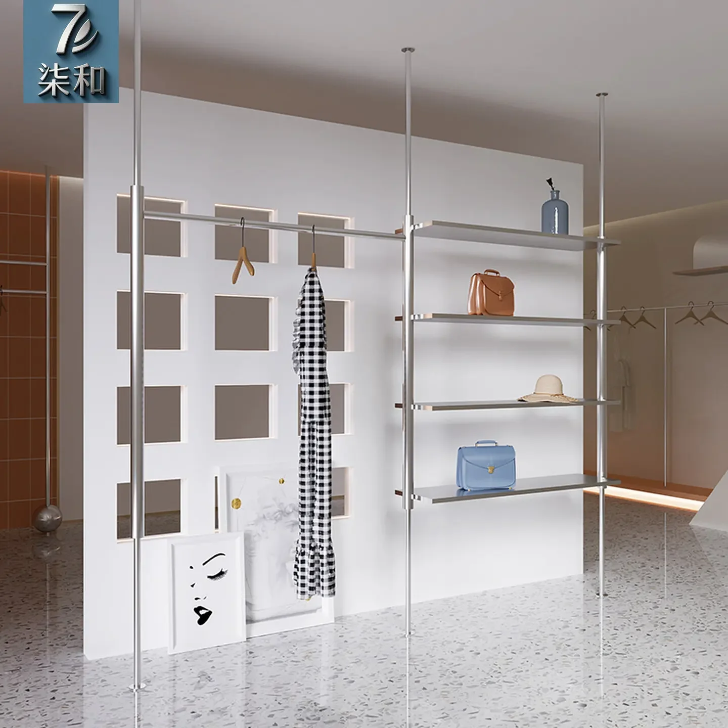Clothing Store Display Rack Stainless Steel Column Clothes Shelf Men's and Women's Clothing Universal Clothing Display Hanging H