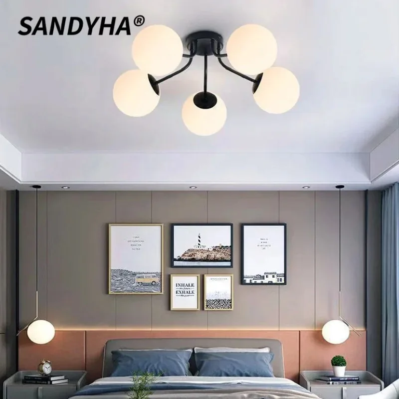 

SANDYHA Nordic Milk White Glass Ball Ceiling Lamp for Living Dining Room Bedroom Hotel Home Decor Lighting Fixture Chandelier