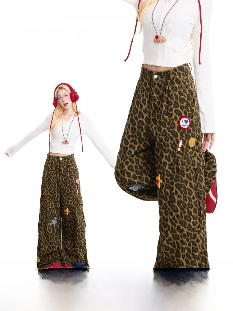 

NERESUM Leopard Print Workwear Jeans Women's Star Towel Embroidery Washed Wide Leg Straight Cut High Street Casual Pants