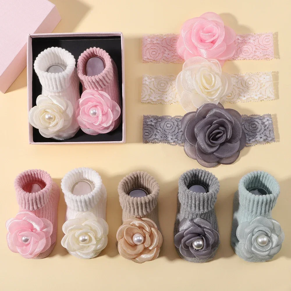 Sweet Lace Rose Flower Baby Socks Hair Band Set Infant Toddler Non Slip Breathable Short Socks Newborn Headband Sets Gift 2024