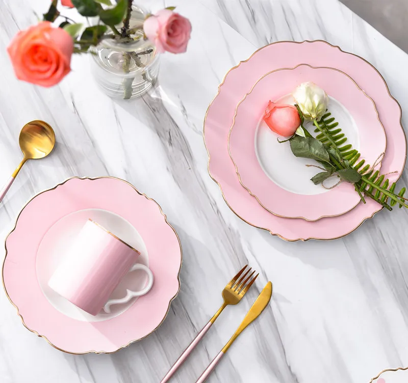 

INS Creative Phnom Penh Ceramic Dinner Plate Simple Pink Dot Flat Plate Western Steak Plate Girl Heart Dessert Plate Tableware