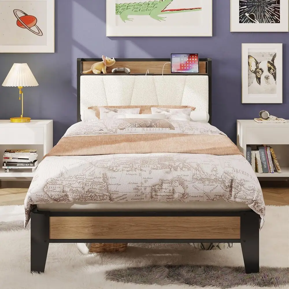 

LIKIMIO Twin/Full XL Bed Frame with Storage Headboard & Charging Station, Solid and Stable, Noise Free, No Box Spring Needed