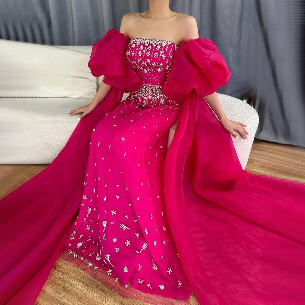 SERENE HILL Customized Arabic Fuchsia Luxury Beaded Mermaid Evening Dresses 2025 Detachable Sleevess Women Party Gowns CLA72002