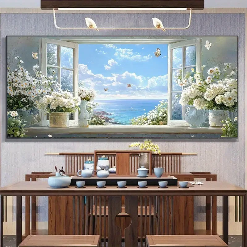 

Peaceful Window Sea Scenery Diy diamond painting Full Round diamond art White Hydrangeas Butterfly Mosaic Jewelry Cross Stith