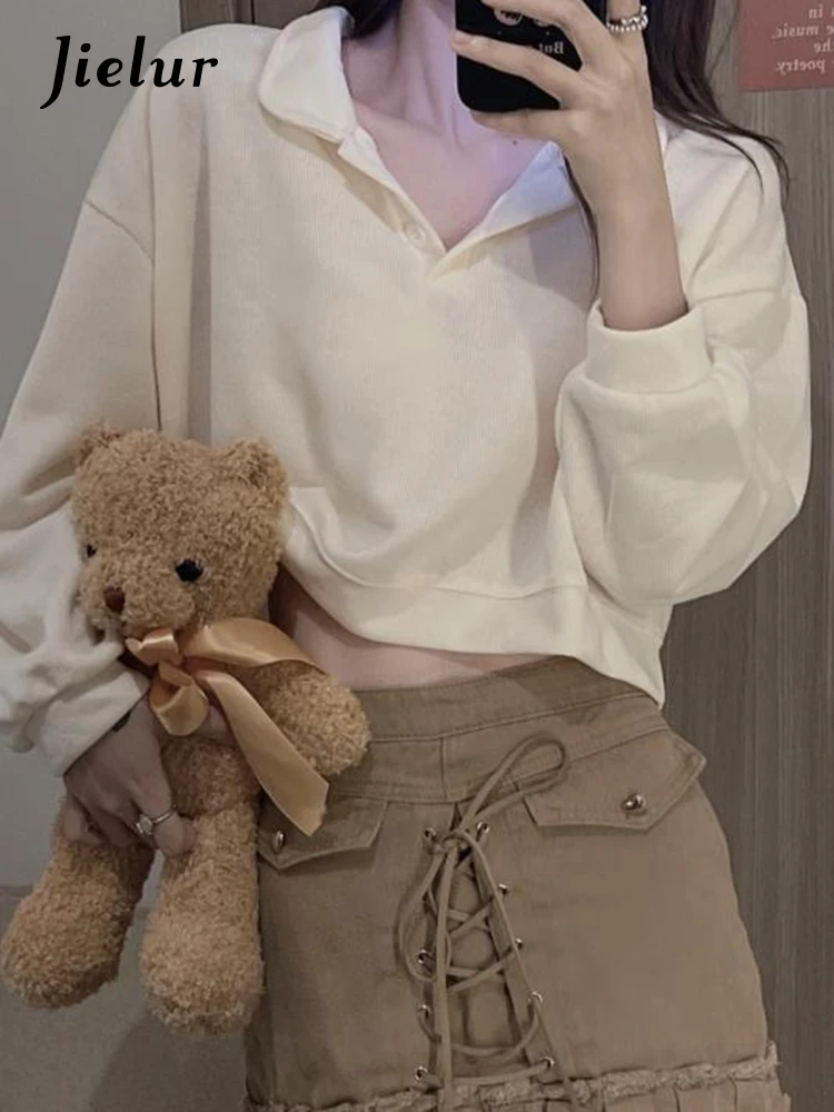 

Jielur Ins Autumn New Solid Color Polo Neck Loose Female Hoodies Chic Button Classic Simple Fashion Long Sleeves Women Hoodies