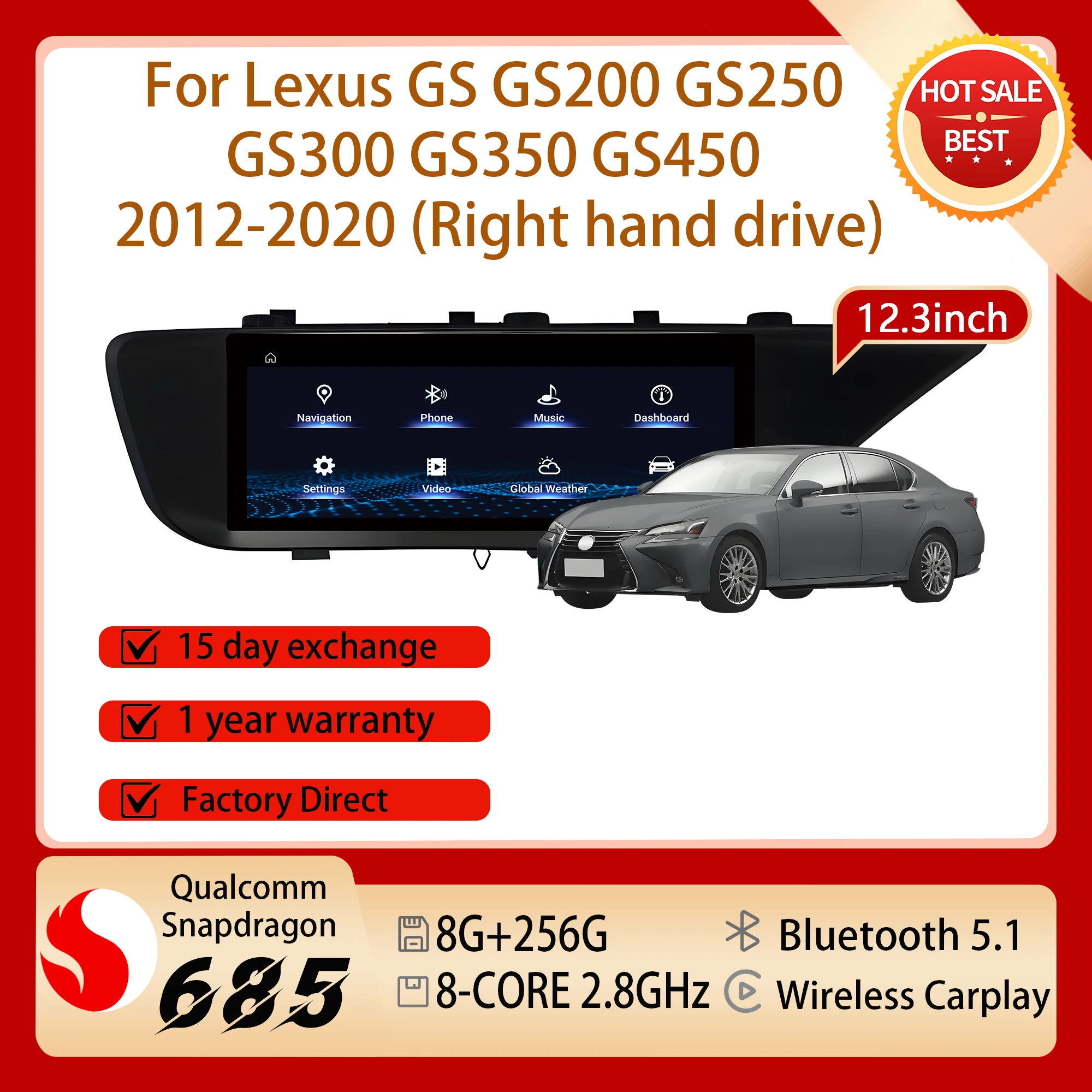 12.3'' Right Hand Drive Radio Carplay Snapdragon 680 GPS Android 14 Screen For Lexus GS GS200 GS250 GS300 GS350 GS450 2012-2020