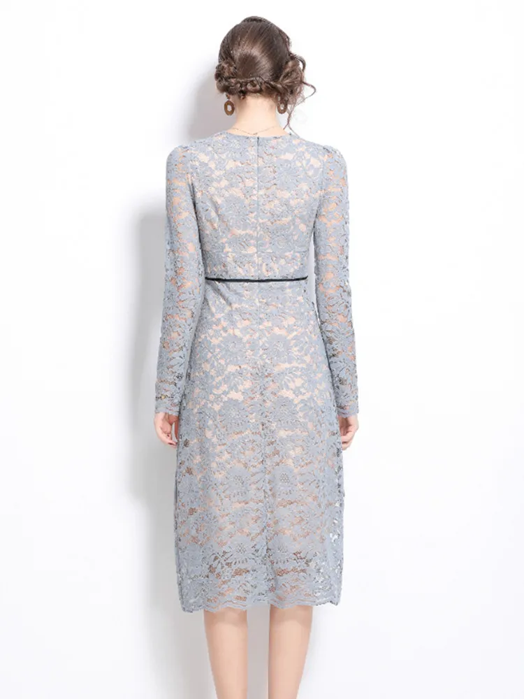 Robe mi-longue en dentelle évidée pour femme, col en V, manches longues, à lacets, bleu clair, élégante, printemps, 2025